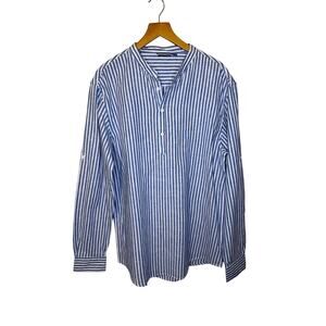 Minimalist Academia Linen Cotton Blend Oxford Stripe Half Button Dress Shirt Lg